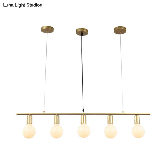 Contemporary Linear Metal Island Lighting With 5 Bulbs - White/Gold Finish Ceiling Lamp For Dining