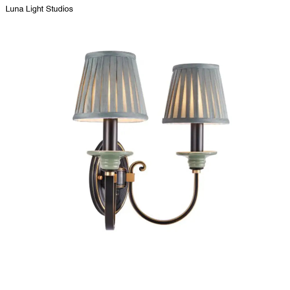 Contemporary Metal Arched Wall Light: 1 Head Black Sconce With Tapered Pleated Fabric Shade