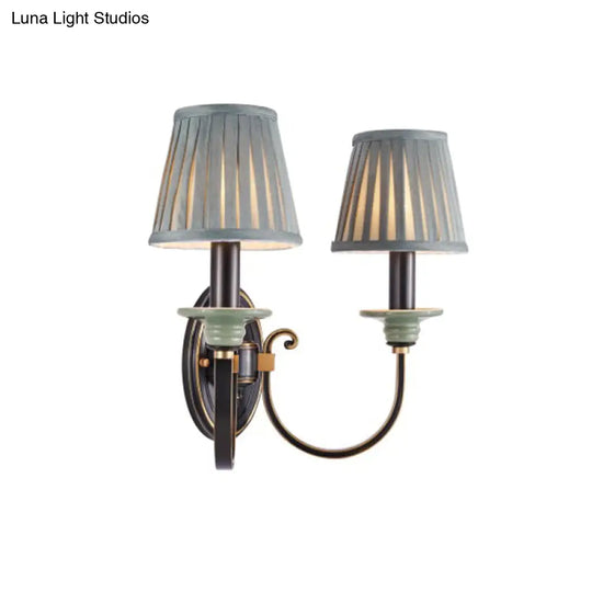 Contemporary Metal Arched Wall Light: 1 Head Black Sconce With Tapered Pleated Fabric Shade