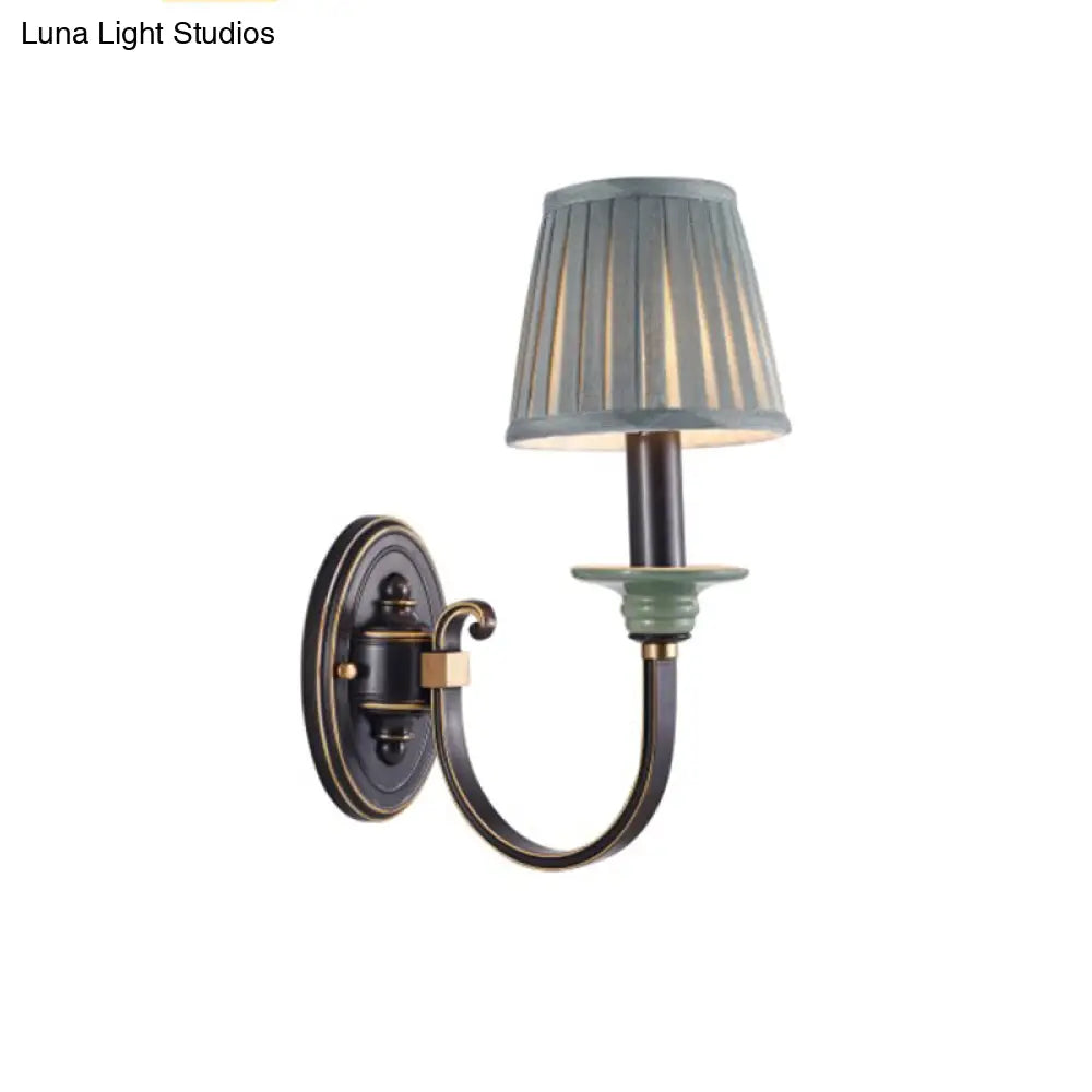 Contemporary Metal Arched Wall Light: 1 Head Black Sconce With Tapered Pleated Fabric Shade