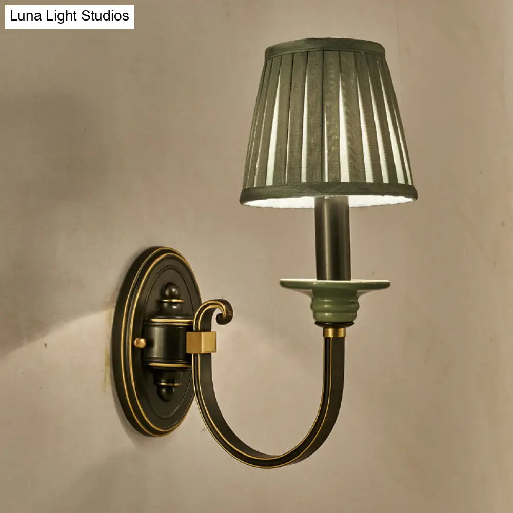 Contemporary Metal Arched Wall Light: 1 Head Black Sconce With Tapered Pleated Fabric Shade