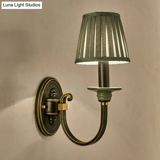 Contemporary Metal Arched Wall Light: 1 Head Black Sconce With Tapered Pleated Fabric Shade