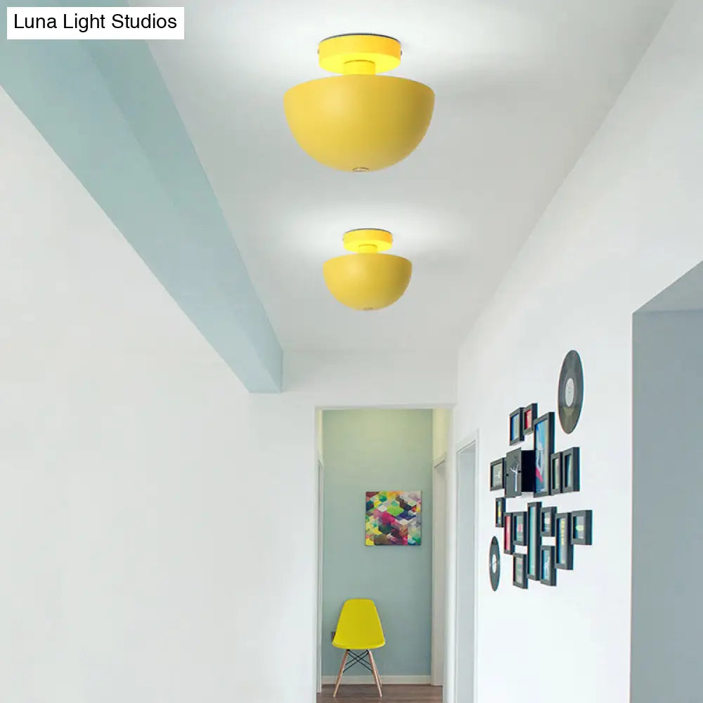 Contemporary Metal Dining Room Semi Flush Mount Ceiling Light - Pink/Yellow/Navy Bowl Design Single