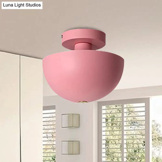 Contemporary Metal Dining Room Semi Flush Mount Ceiling Light - Pink/Yellow/Navy Bowl Design Single