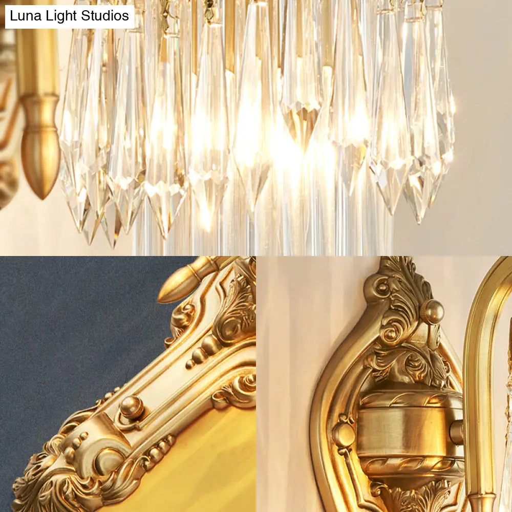 Contemporary Metal Gooseneck Wall Lamp With Clear Crystal Prism In Gold For Corridor