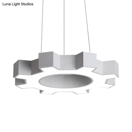 Contemporary Metal Led Pendant Lamp For Gym - Wide Gear Shape White/Black White/Warm Light