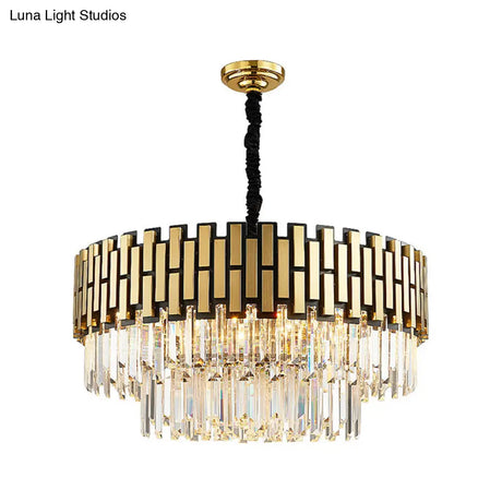 Contemporary Metal Pendant Chandelier With Round Shade & Faceted Crystal - Golden Hanging Light