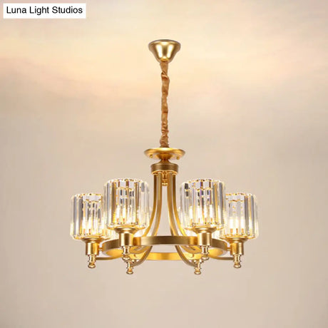 Contemporary Metal Round Chandelier - Gold Ceiling Pendant Light With Drum Crystal Prisms Shade