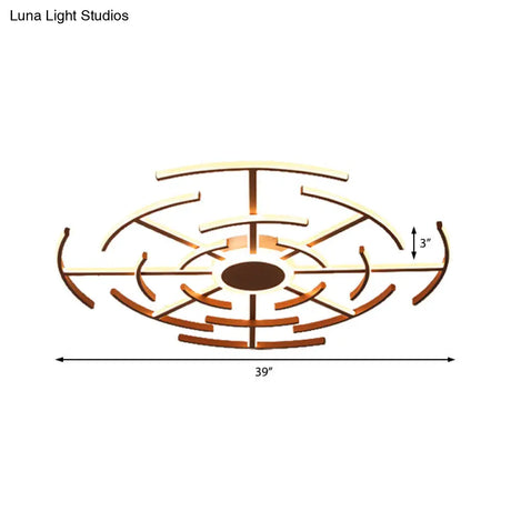 Contemporary Metal Round Flushmount Light With Maze Design - Brown
