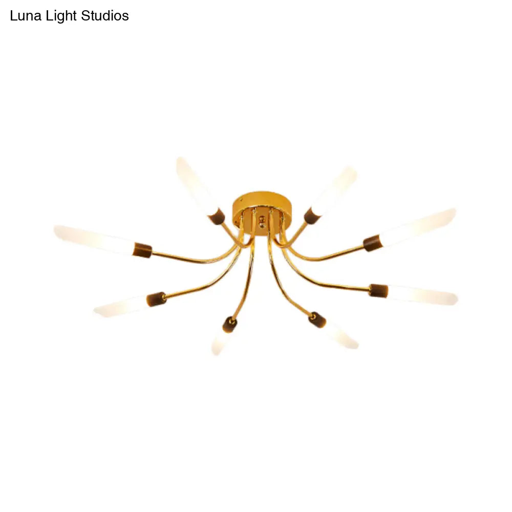 Contemporary Metal Sputnik Semi Flush Mount Lamp With White Glass Tube Shade - 6/8 Led Gold Lights