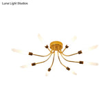Contemporary Metal Sputnik Semi Flush Mount Lamp With White Glass Tube Shade - 6/8 Led Gold Lights