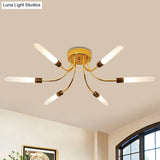 Contemporary Metal Sputnik Semi Flush Mount Lamp With White Glass Tube Shade - 6/8 Led Gold Lights