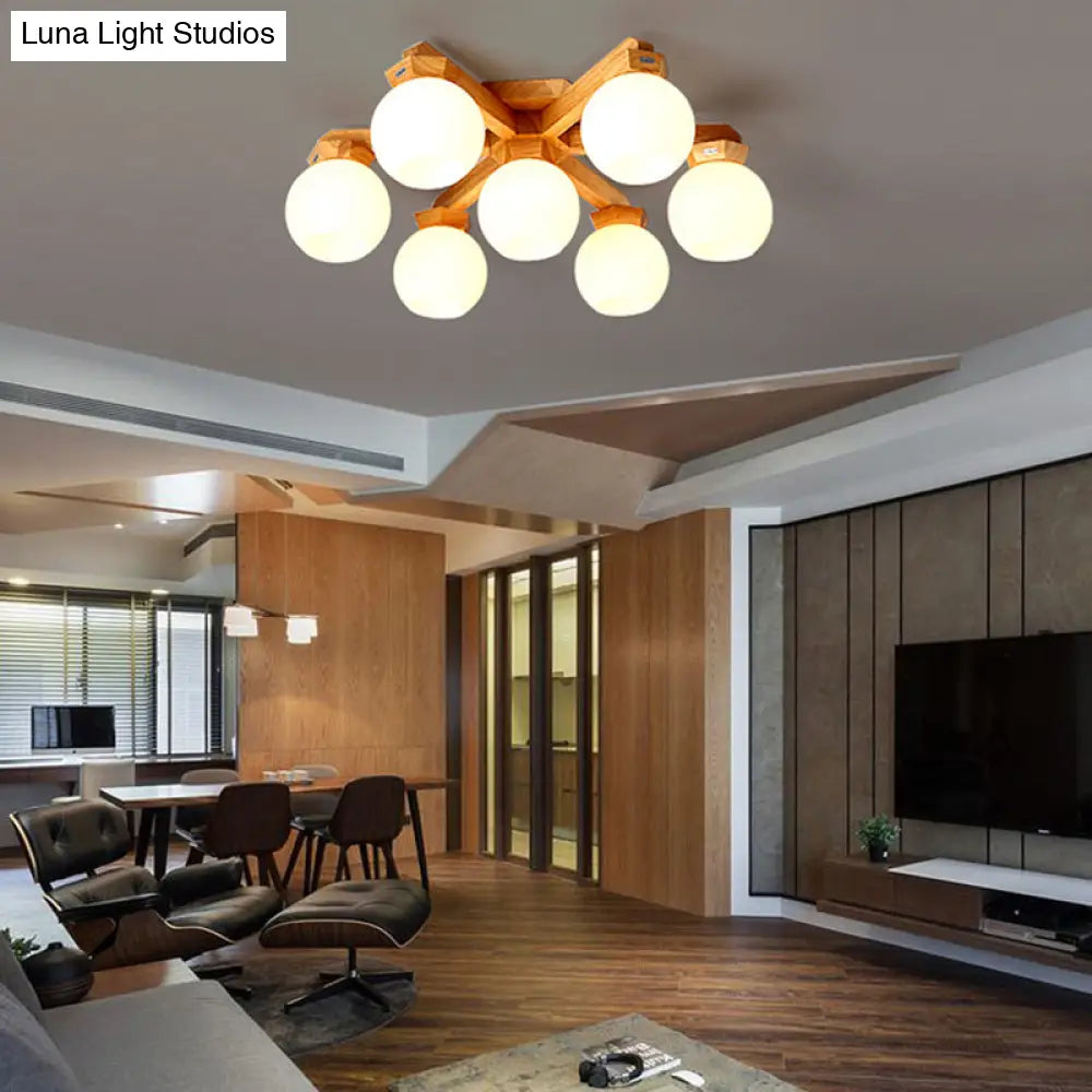 Contemporary Milk Glass Semi Flush Mount Light With Wood Fixture Arm - 3/5/7 Lights Branch Lighting