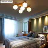 Contemporary Milk Glass Semi Flush Mount Light With Wood Fixture Arm - 3/5/7 Lights Branch Lighting