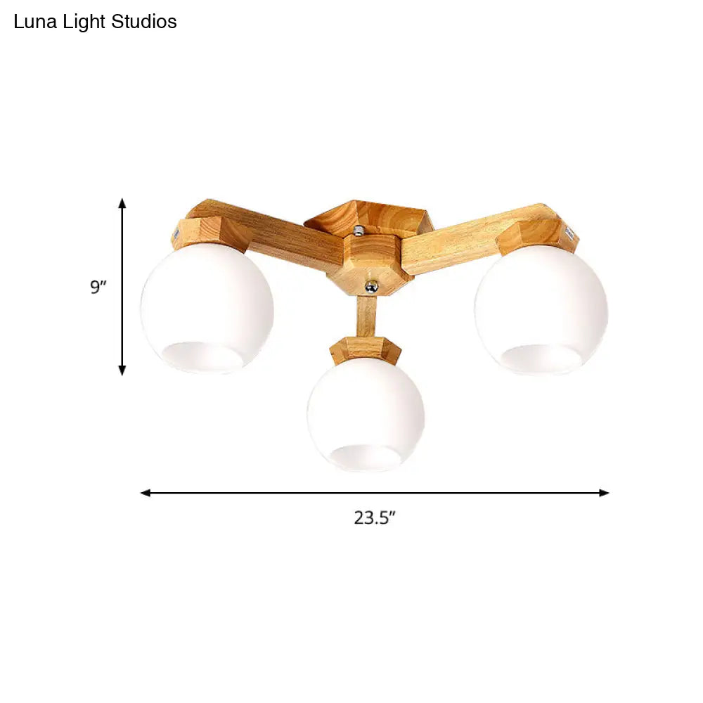 Contemporary Milk Glass Semi Flush Mount Light With Wood Fixture Arm - 3/5/7 Lights Branch Lighting