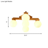 Contemporary Milk Glass Semi Flush Mount Light With Wood Fixture Arm - 3/5/7 Lights Branch Lighting