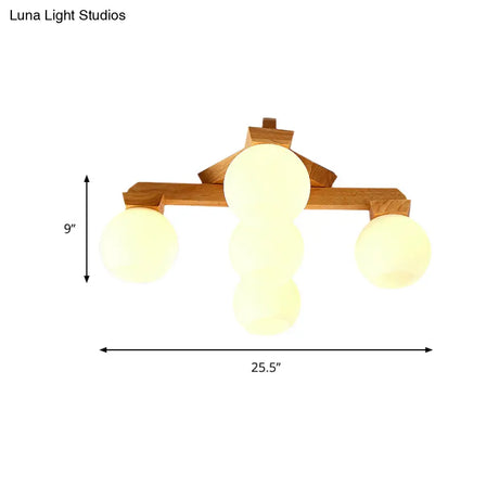 Contemporary Milk Glass Semi Flush Mount Light With Wood Fixture Arm - 3/5/7 Lights Branch Lighting