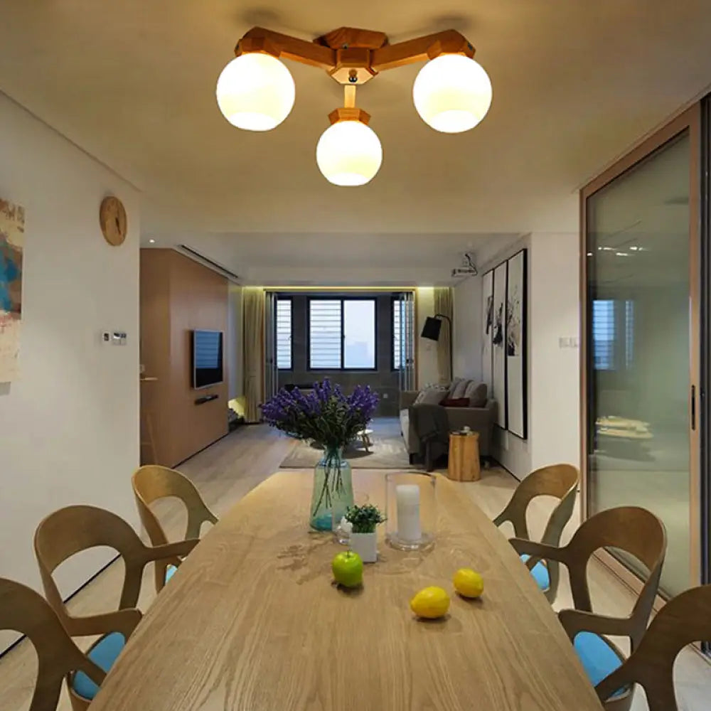 Contemporary Milk Glass Semi Flush Mount Light With Wood Fixture Arm - 3/5/7 Lights Branch Lighting