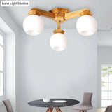 Contemporary Milk Glass Semi Flush Mount Light With Wood Fixture Arm - 3/5/7 Lights Branch Lighting