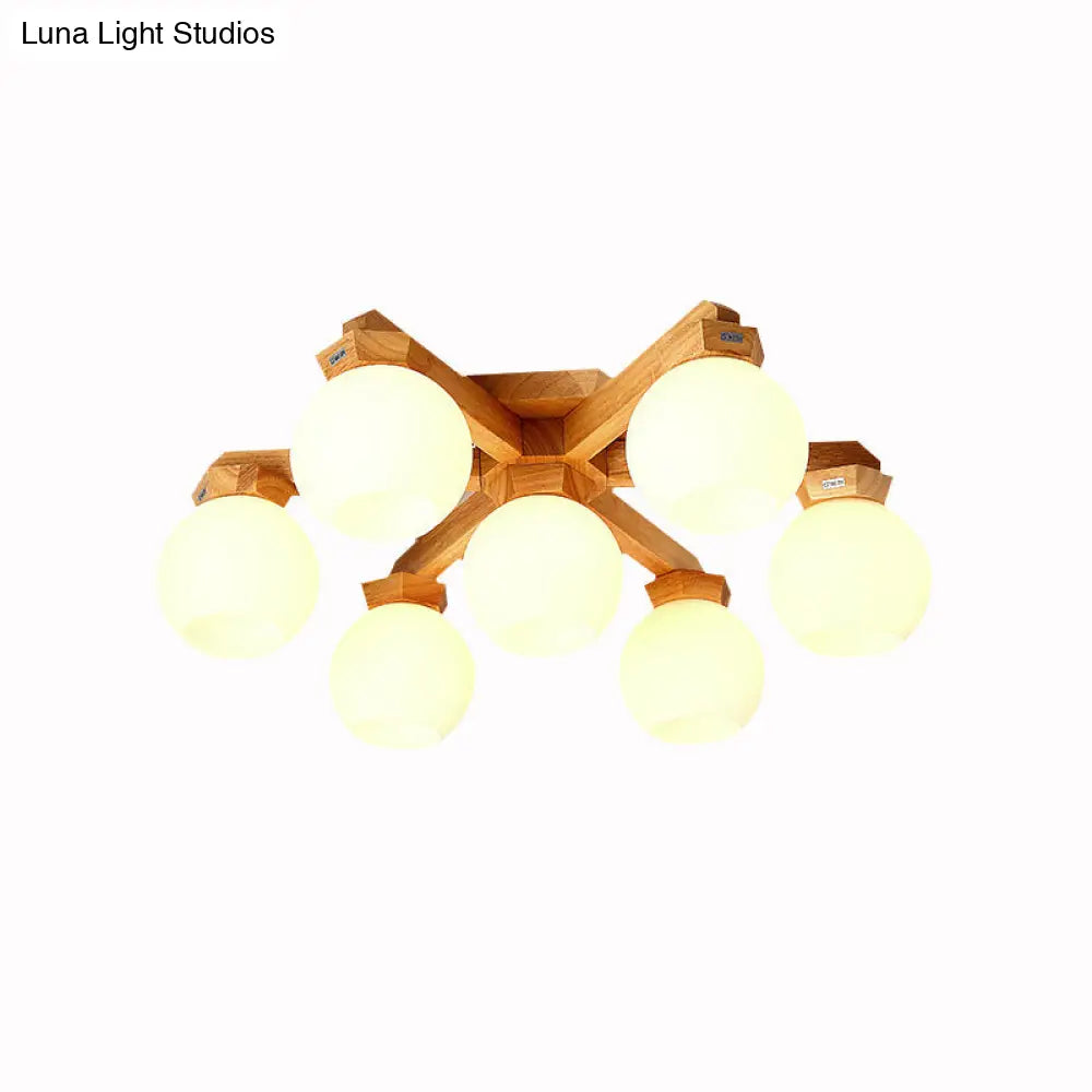 Contemporary Milk Glass Semi Flush Mount Light With Wood Fixture Arm - 3/5/7 Lights Branch Lighting