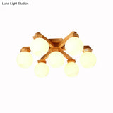Contemporary Milk Glass Semi Flush Mount Light With Wood Fixture Arm - 3/5/7 Lights Branch Lighting