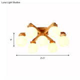 Contemporary Milk Glass Semi Flush Mount Light With Wood Fixture Arm - 3/5/7 Lights Branch Lighting