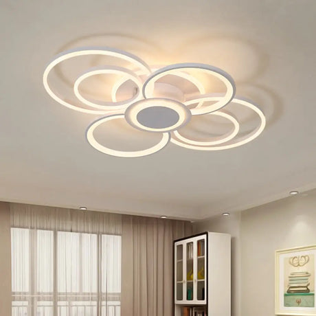 Contemporary Multi-Halo Flush Ceiling Light With Acrylic Shade Available In Warm/White For Bedroom