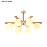 Contemporary Opal Glass Barrel Shade Led Wood Chandelier For Living Room