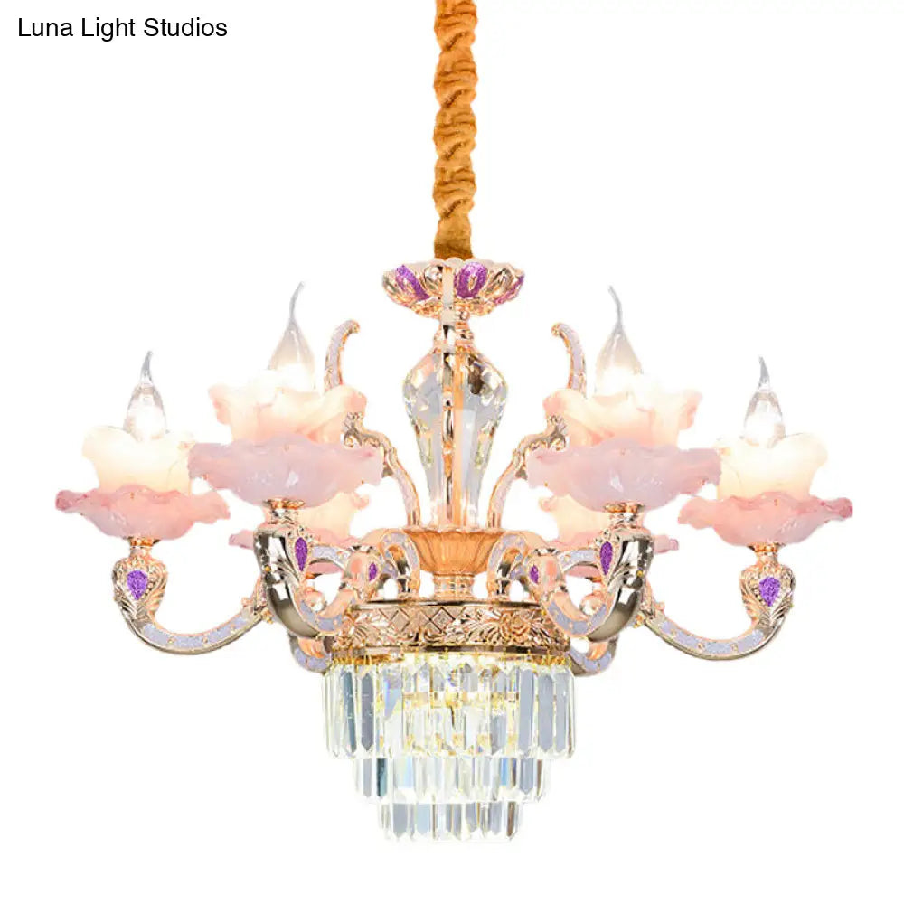 Contemporary Pink Glass Pendant Chandelier With Tiered Crystal Bottom - 6 Lights 2-Layer Ruffle