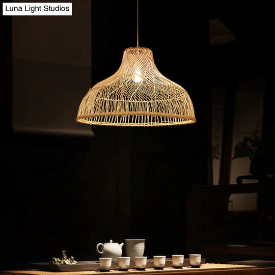Contemporary Rattan Pendant Light In Hat Shape - Tea Room Suspension