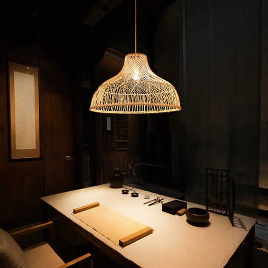 Contemporary Rattan Pendant Light In Hat Shape - Tea Room Suspension