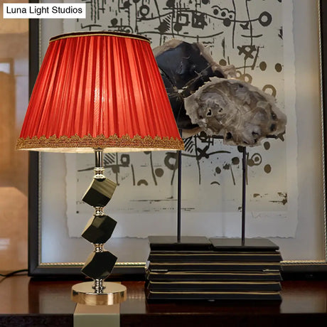 Contemporary Red/Green Barrel Table Lamp With Beveled Crystal Nightstand Light And Braided Trim