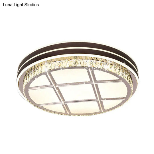 Contemporary Round Ceiling-Mount Crystal Block Led Flush Light For Bedroom In Brown