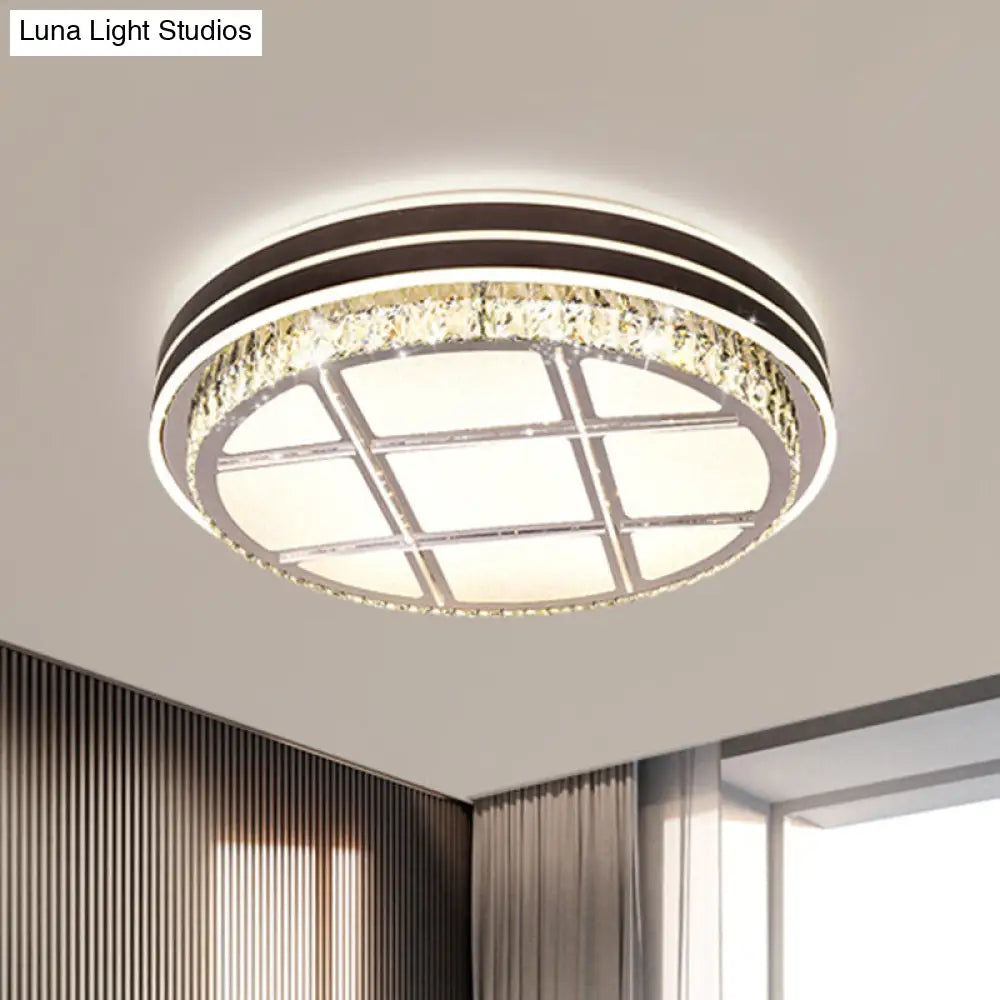 Contemporary Round Ceiling-Mount Crystal Block Led Flush Light For Bedroom In Brown