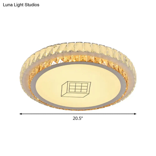 Contemporary Round Led Ceiling Flush Mount With Clear Cut Crystal & Elegant Floral/Cubical Pattern