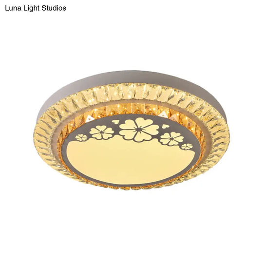 Contemporary Round Led Ceiling Flush Mount With Clear Cut Crystal & Elegant Floral/Cubical Pattern