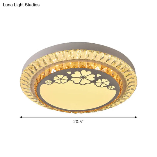 Contemporary Round Led Ceiling Flush Mount With Clear Cut Crystal & Elegant Floral/Cubical Pattern