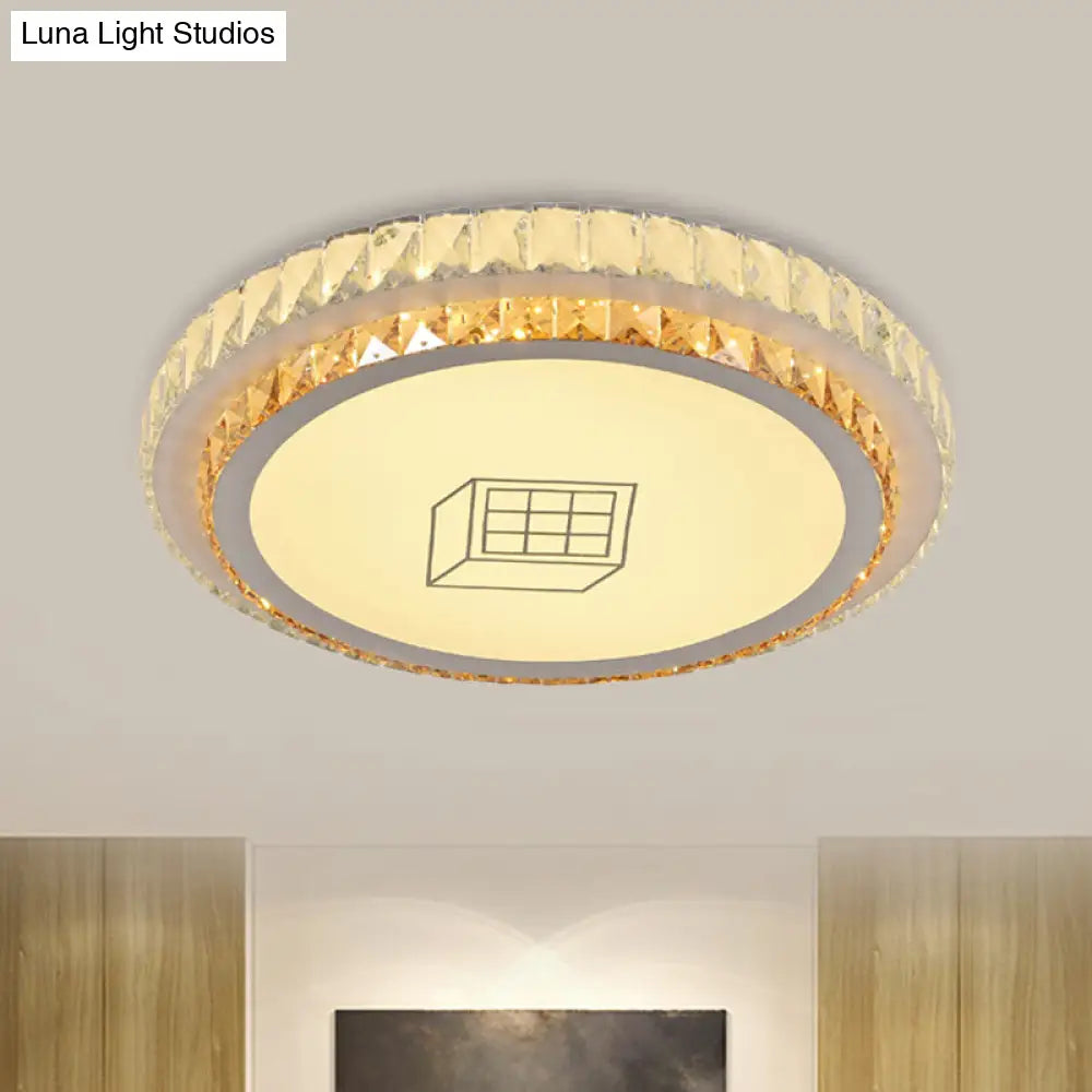 Contemporary Round Led Ceiling Flush Mount With Clear Cut Crystal & Elegant Floral/Cubical Pattern /
