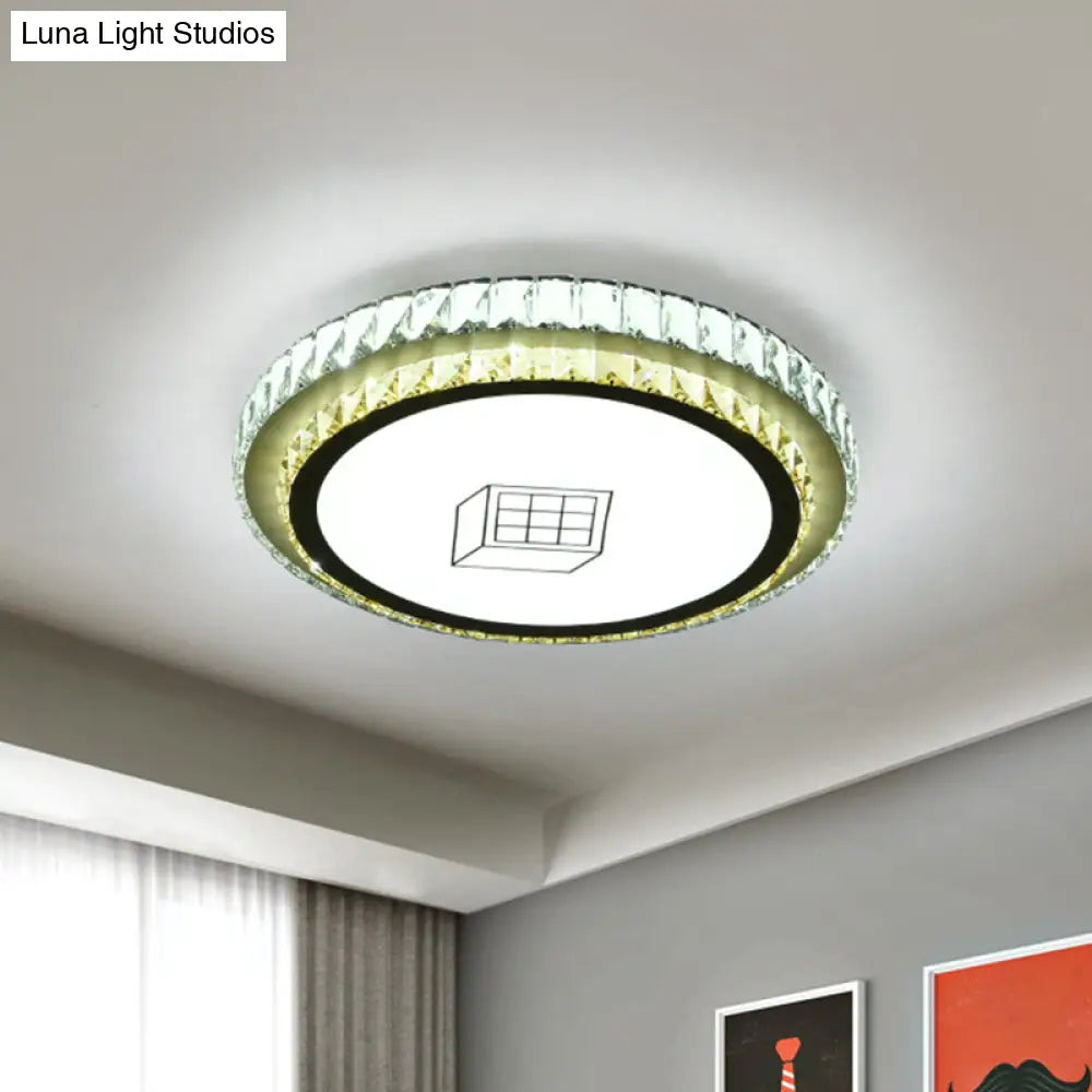 Contemporary Round Led Ceiling Flush Mount With Clear Cut Crystal & Elegant Floral/Cubical Pattern