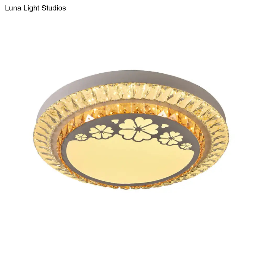 Contemporary Round Led Ceiling Flush Mount With Clear Cut Crystal & Elegant Floral/Cubical Pattern