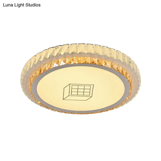 Contemporary Round Led Ceiling Flush Mount With Clear Cut Crystal & Elegant Floral/Cubical Pattern