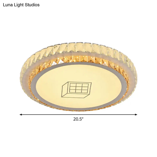 Contemporary Round Led Ceiling Flush Mount With Clear Cut Crystal & Elegant Floral/Cubical Pattern