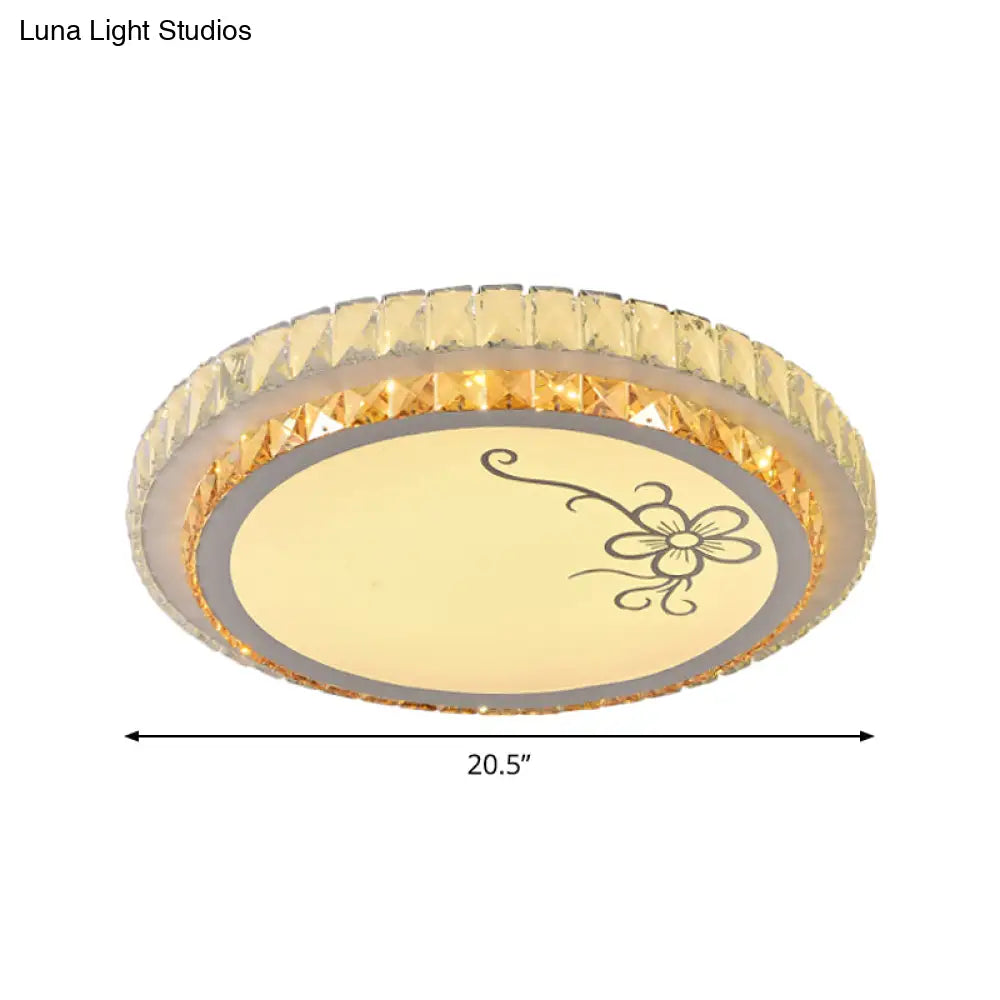Contemporary Round Led Ceiling Flush Mount With Clear Cut Crystal & Elegant Floral/Cubical Pattern
