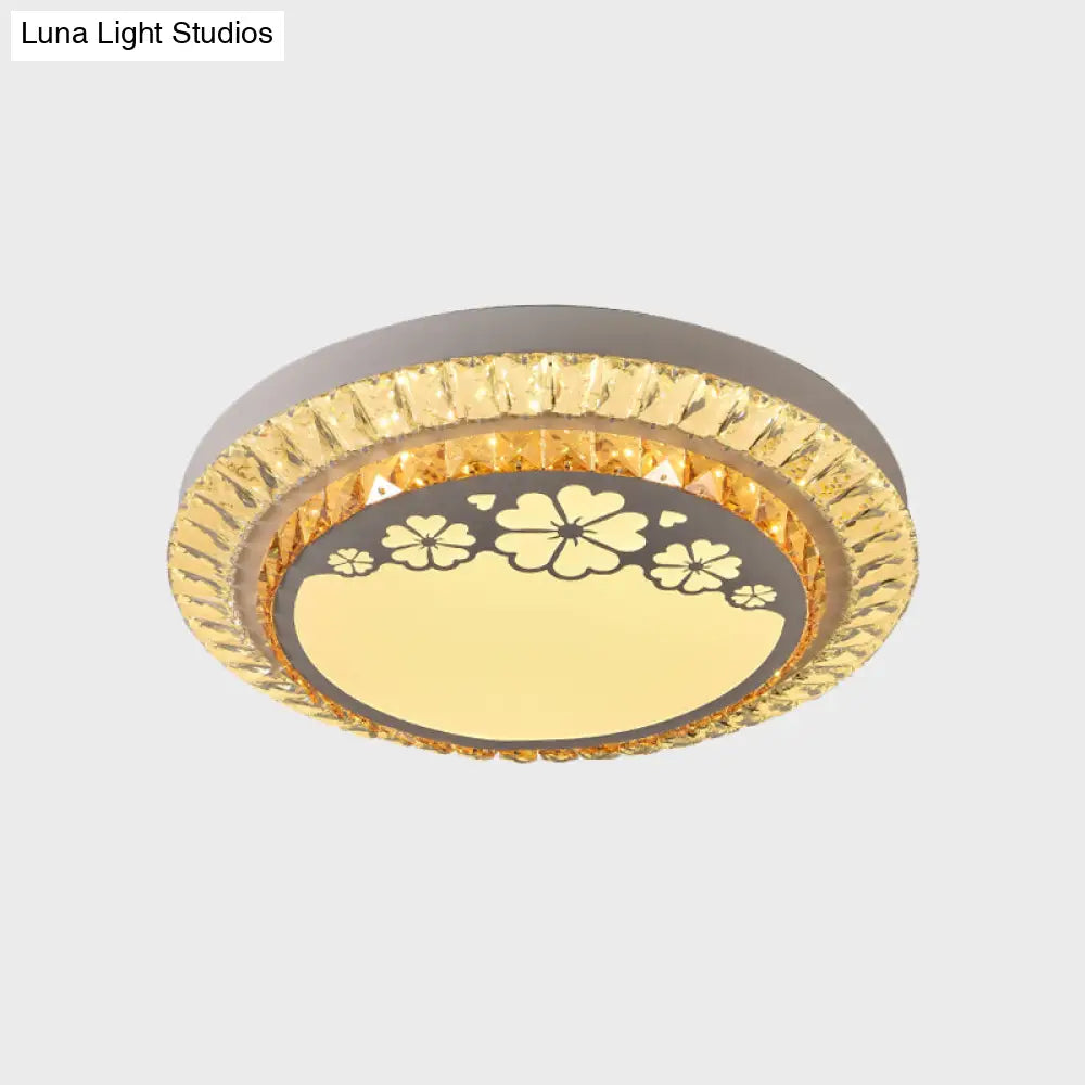 Contemporary Round Led Ceiling Flush Mount With Clear Cut Crystal & Elegant Floral/Cubical Pattern