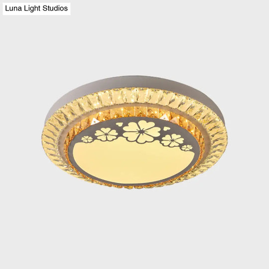 Contemporary Round Led Ceiling Flush Mount With Clear Cut Crystal & Elegant Floral/Cubical Pattern
