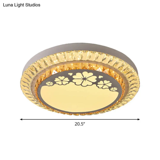 Contemporary Round Led Ceiling Flush Mount With Clear Cut Crystal & Elegant Floral/Cubical Pattern
