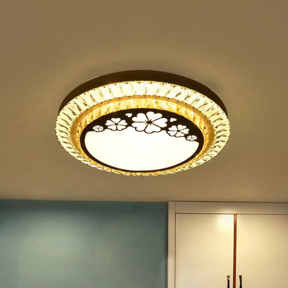 Contemporary Round Led Ceiling Flush Mount With Clear Cut Crystal & Elegant Floral/Cubical Pattern