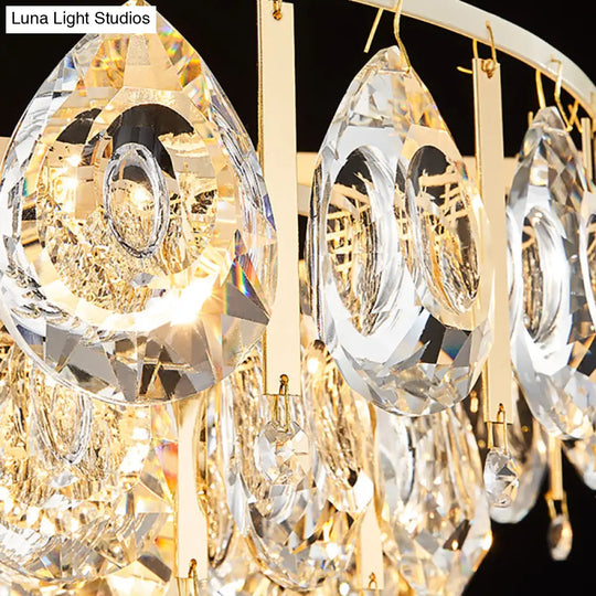Contemporary Gold Chandelier: Round Teardrop Crystal Hanging Light Kit 3/4 Lights 16/19.5 Wide