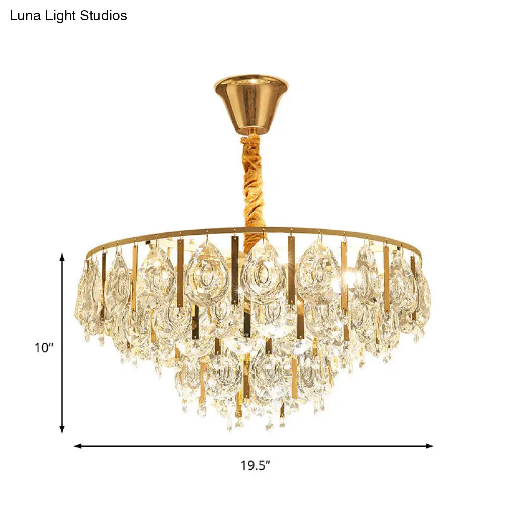 Contemporary Gold Chandelier: Round Teardrop Crystal Hanging Light Kit 3/4 Lights 16/19.5 Wide