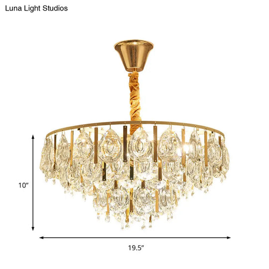 Contemporary Gold Chandelier: Round Teardrop Crystal Hanging Light Kit 3/4 Lights 16/19.5 Wide